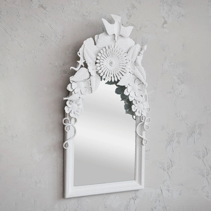 Wood Framed Wall Mirror with Embossed Metal Flowers & Birds