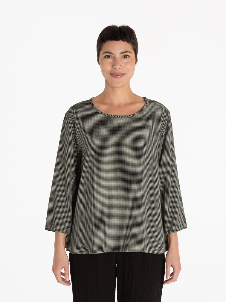 Cut Loose Mini Check 3/4 Sleeve A-Line Top Saddle