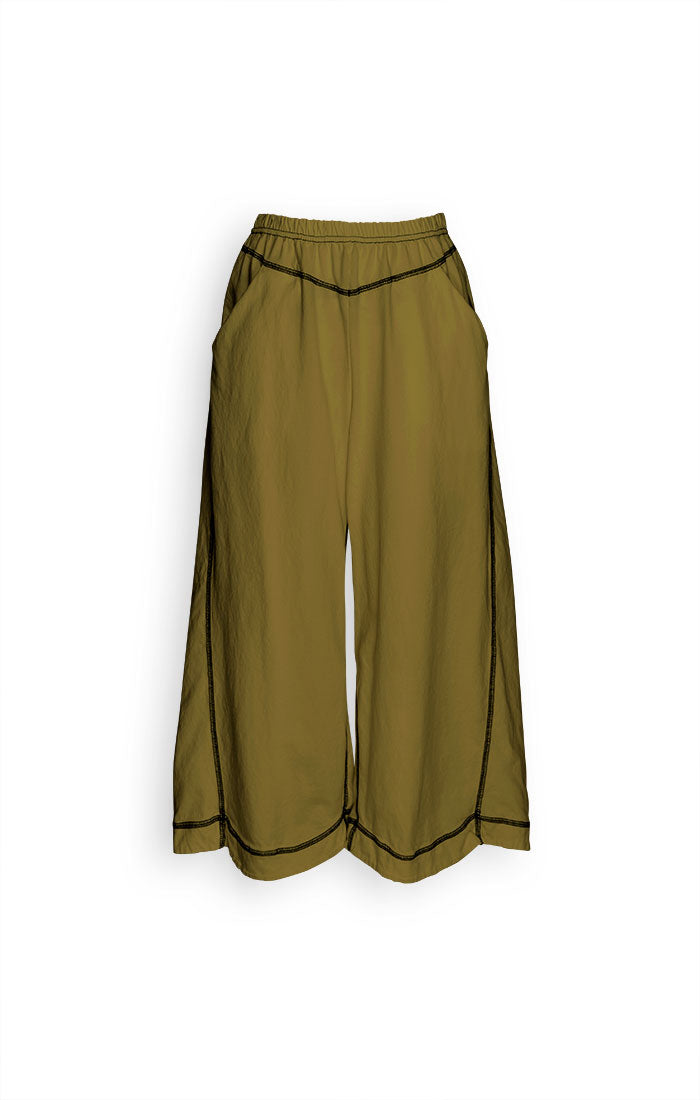 Cynthia Ashby Cotton Vita Pants. Wide leg, cropped length, contrasting seams in moss green. Pockets, relaxed fit.