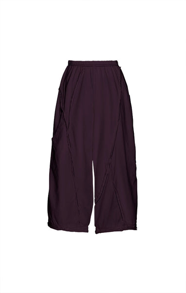 Cynthia Ashby Cotton Y Pant in Blackberry. Wide leg, cropped length, exposed seam details. side leg pocket