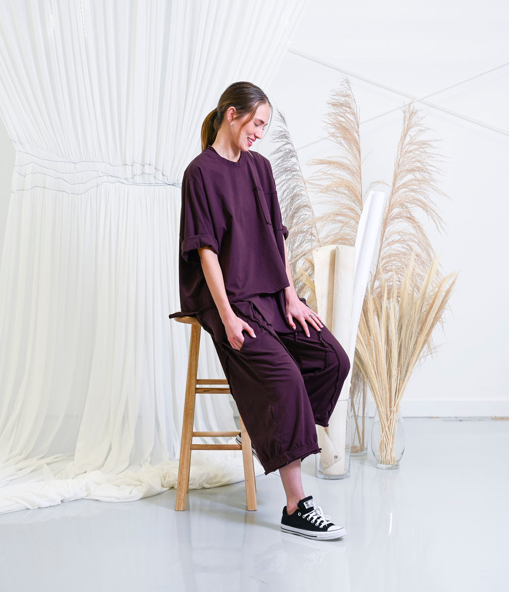 Cynthia Ashby Cotton Y Pant in Blackberry. Wide leg, cropped length, exposed seam details.