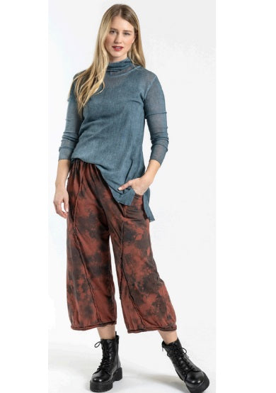 Cynthia Ashby Cotton Y Pant in Outback - rust and gray tie-dye pattern. Wide leg, cropped length, exposed seam details.