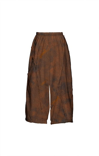 Cynthia Ashby Cotton Y Pant in Outback - rust and gray tie-dye pattern. Wide leg, cropped length, exposed seam details.