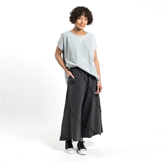 Cynthia Ashby Diagonal Pant in Charcoal Gray.  Wide leg, cropped length, elastic waist, pockets. Diagonal seam details along the legs.
