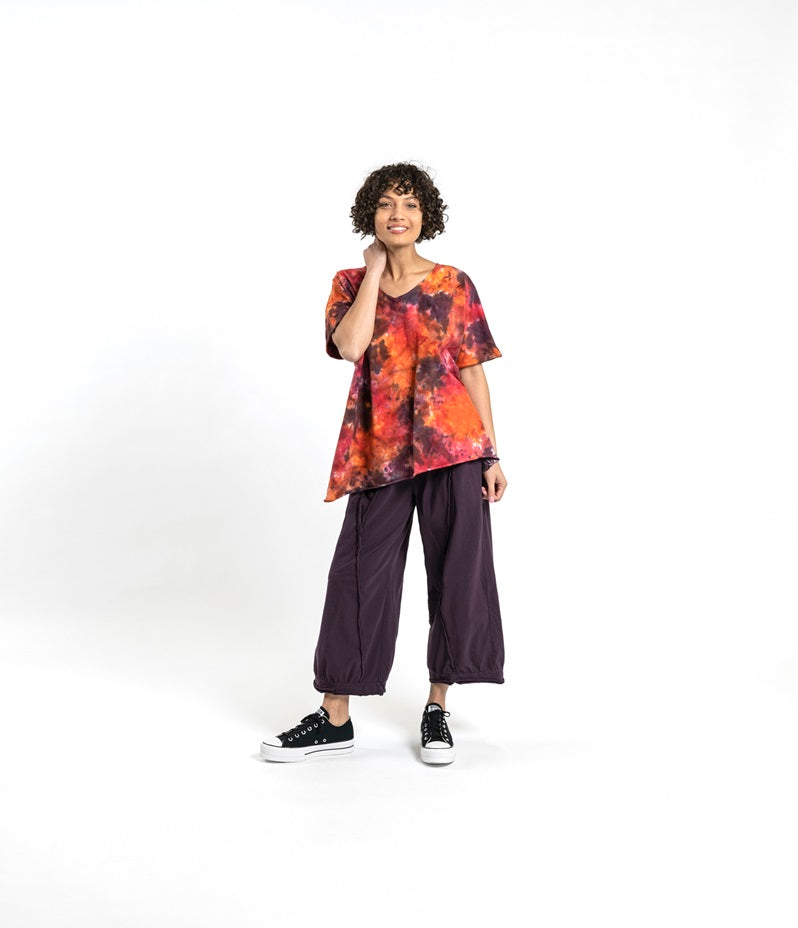 Cynthia Ashby Cotton Y Pant in Blackberry. Wide leg, cropped length, exposed seam details.