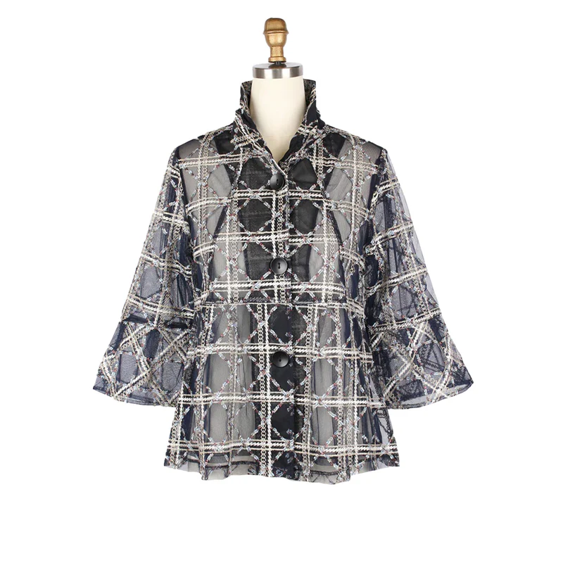 Damee Sheer Diamond Design Peplum Jacket in Navy Multi