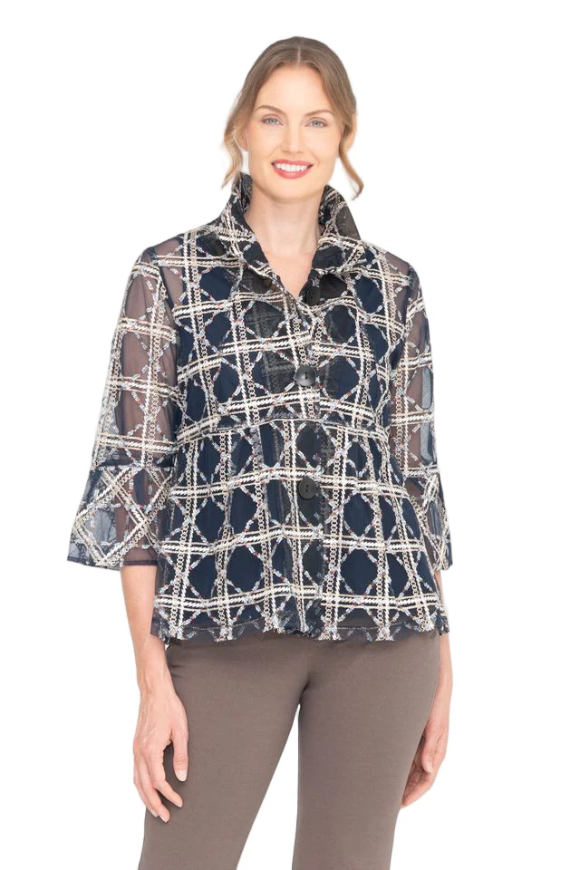 Damee Sheer Diamond Design Peplum Jacket in Navy Multi