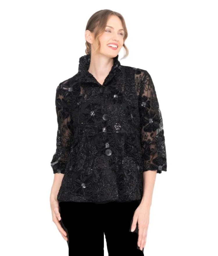Damee's Embroidered Black Sequin Evening Jacket