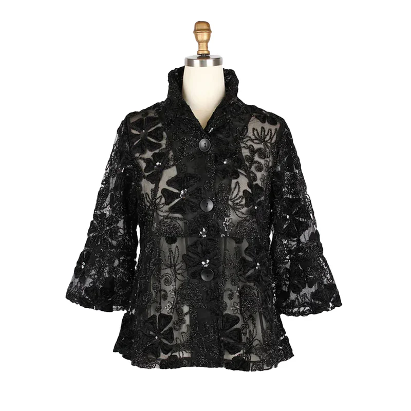 Damee's Embroidered Black Sequin Evening Jacket
