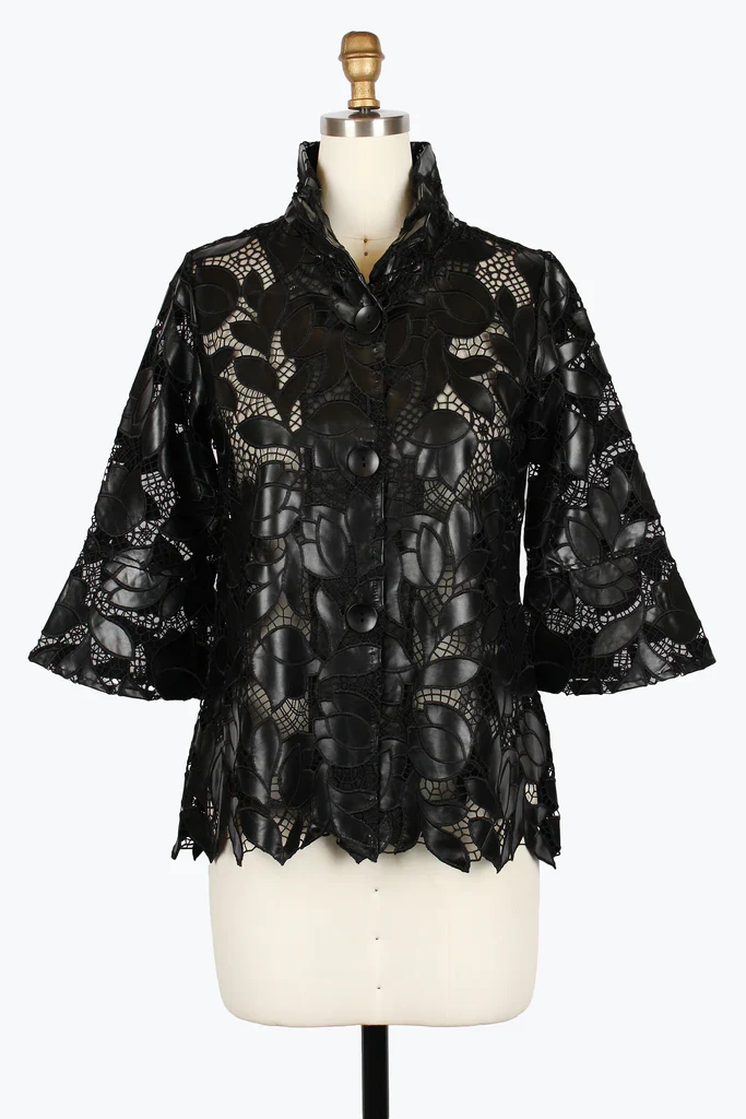 Damee's Floral Pleather Lace Jacket  in Black
