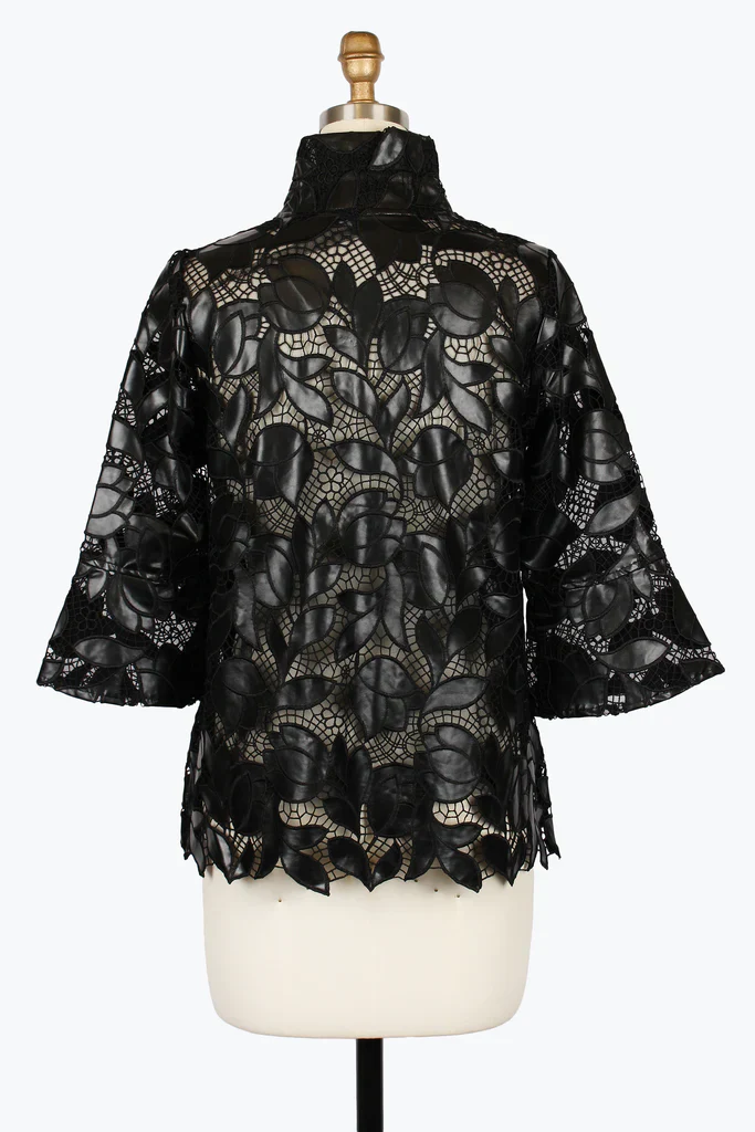 Damee's Floral Pleather Lace Jacket  in Black