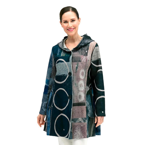Damee Mixed Pattern Hooded Long Coat in stretch flannel. Artistic circular pattern in creams and blues.