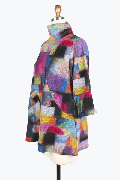 Damee Colorblock Tunic. Multi color square pattern, diagonal seams, funnel neck, wide cropped sleeves, patch pocket on front, tunic length.