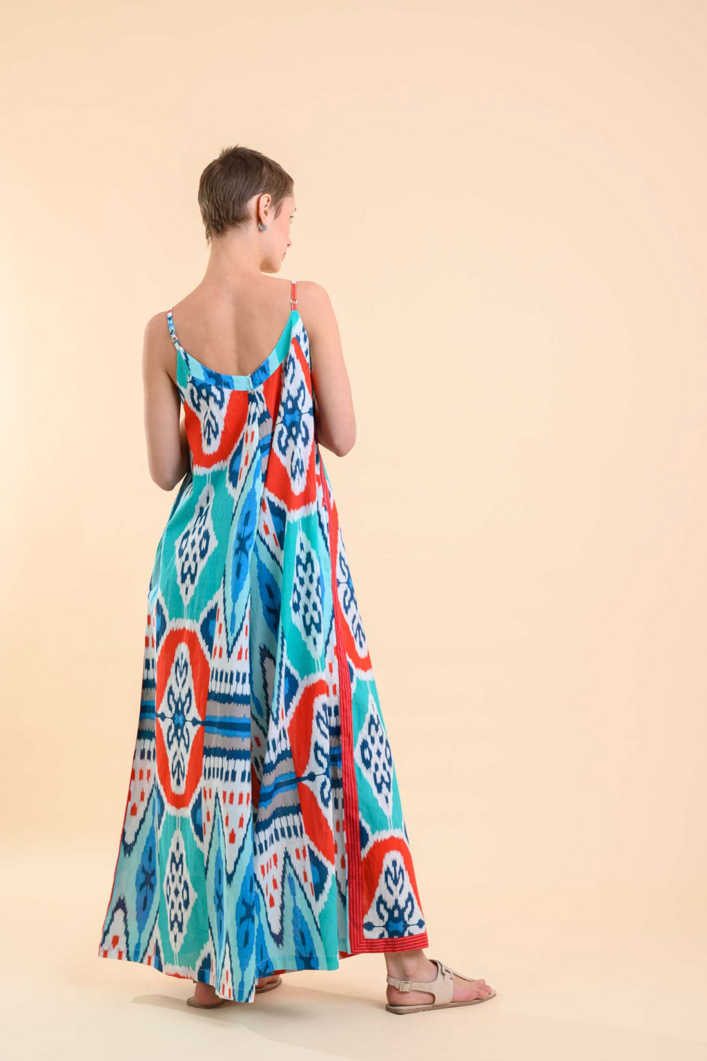 Dream Apparel's Rio Jumpsuit in Red Teal Ikat