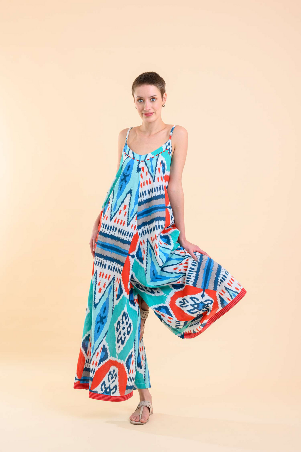 Dream Apparel's Rio Jumpsuit in Red Teal Ikat