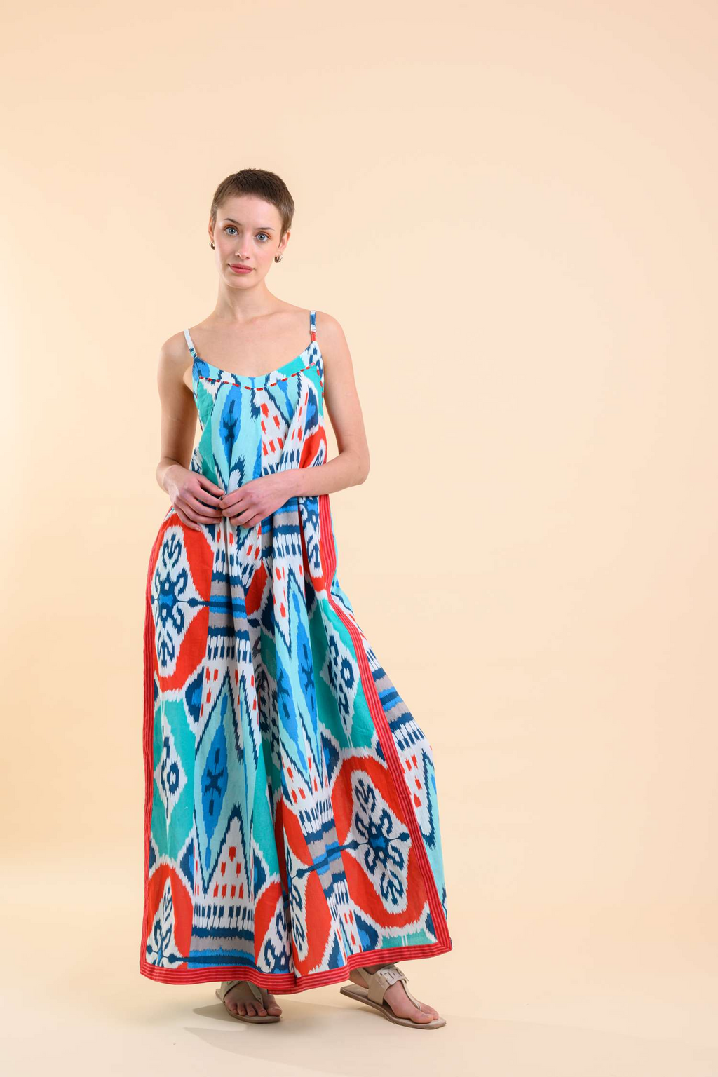 Dream Apparel's Rio Jumpsuit in Red Teal Ikat