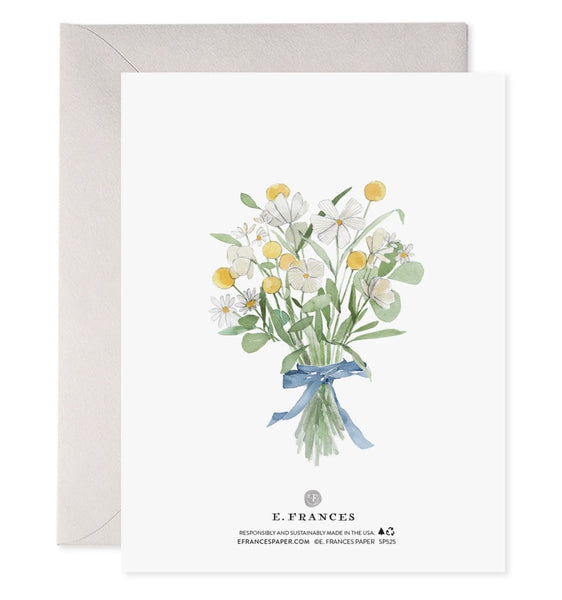 Back of card features a small bouquet of wildflowers tied with blue ribbon
