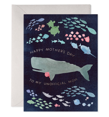 A large whale and small pink fish swim together amidst schools of fish.  "Happy Mother's Day to my unofficial mom" is written around the pair.