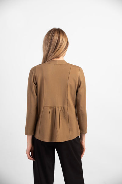Habitat Easy Travel Cardigan in Fawn. Rayon blend, open front, long sleeves. Easy layering. Pleated details on back.