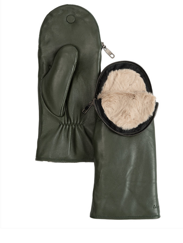 Echo Zip Top Mittens with Faux Fur Lining Forest Green