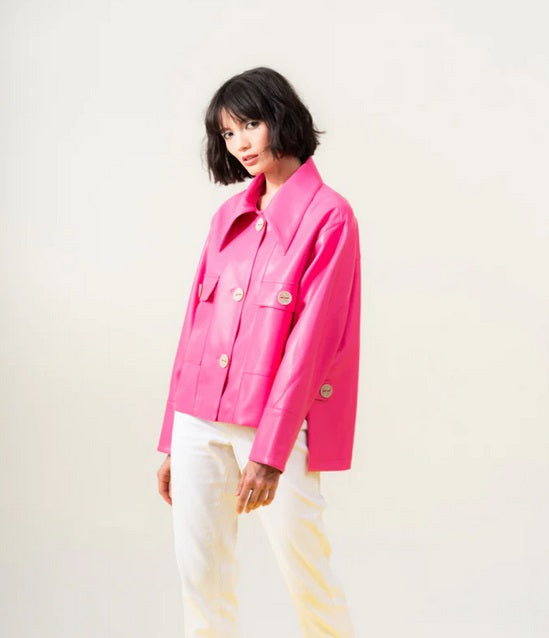 Elena Wang's Faux Leather Collared Jacket in Fuchsia