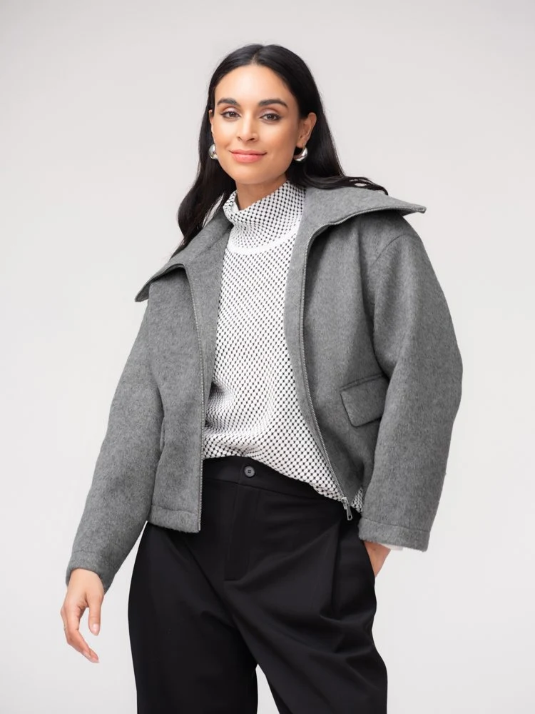 Elena Wang's Cropped Zip Jacket in Grey