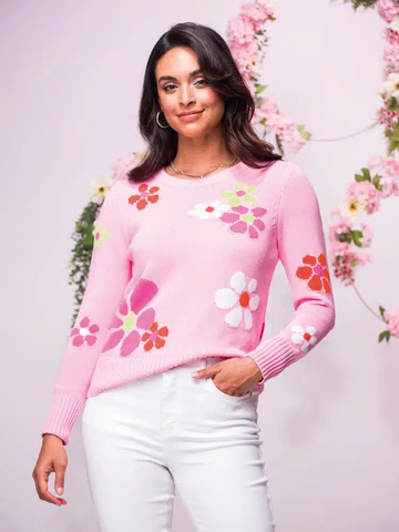 Elena Wang Floral Sweater in Pink