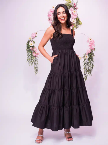 Elena Wang Smocked Fuffle Dress in Black