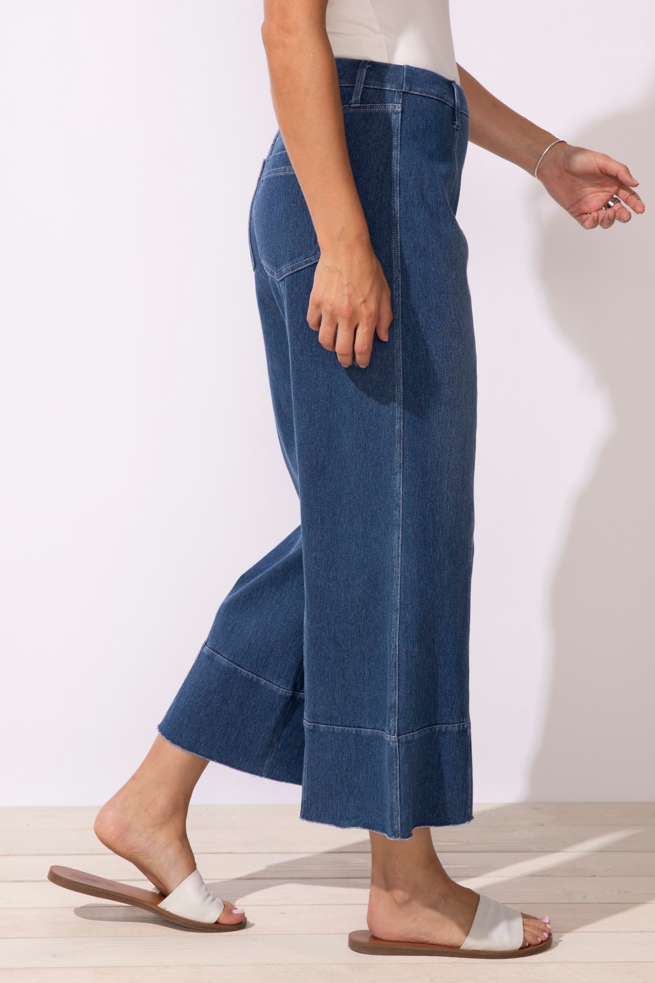 Escape's Comfort Knit Denim Crop Jeans in Mid-Wash