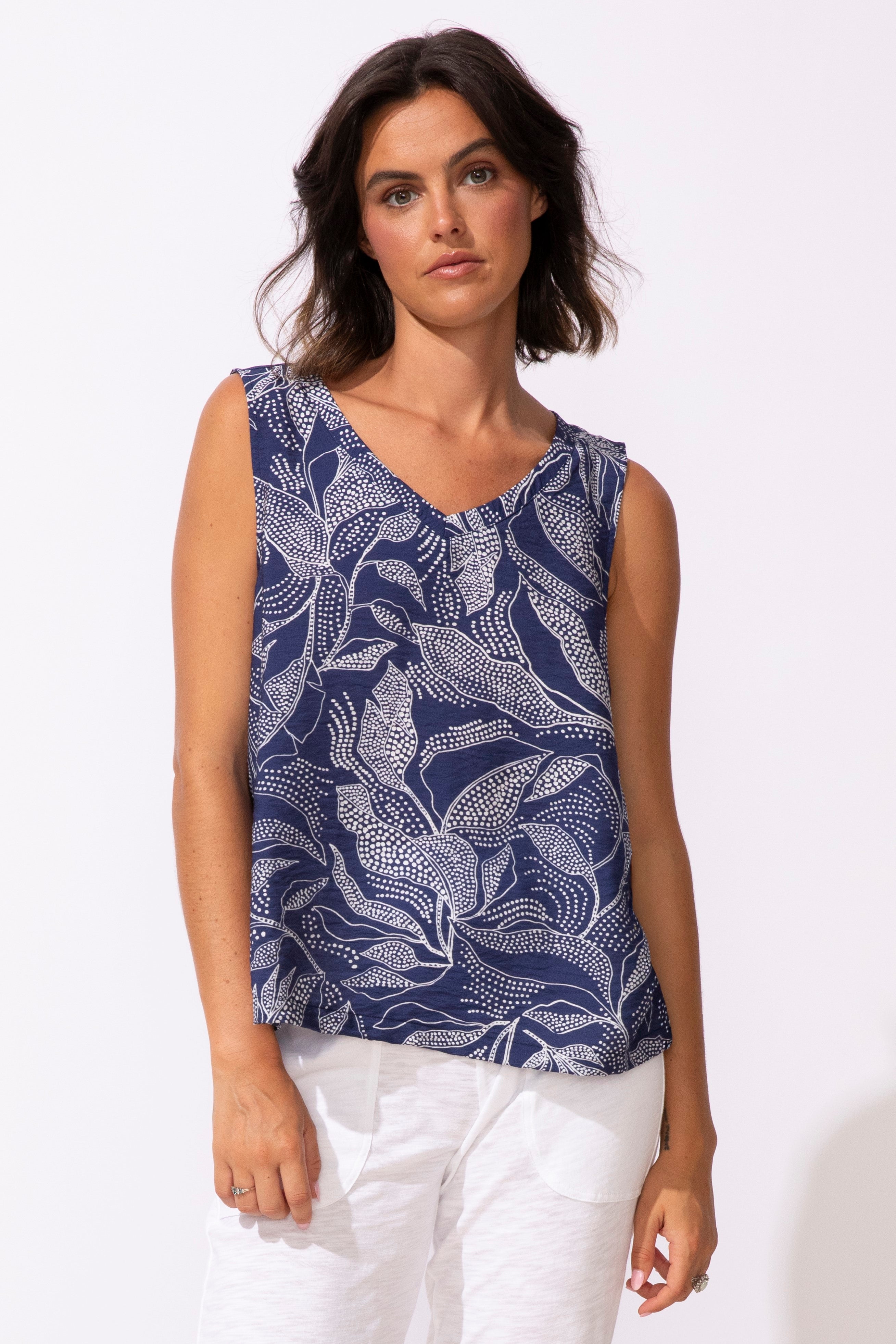 The Regatta Rayon Leaves Resort Tank from Escape in Navy