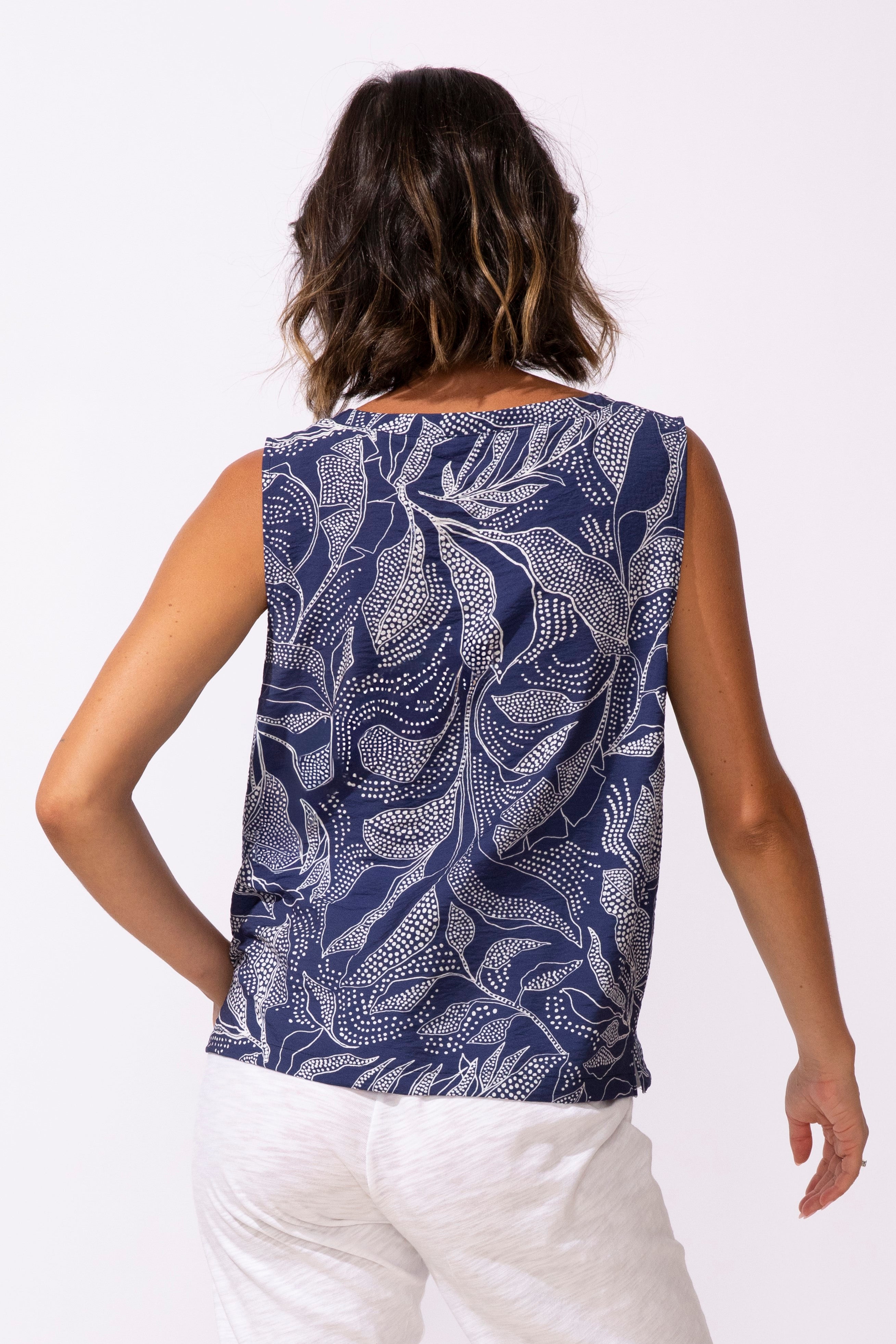 The Regatta Rayon Leaves Resort Tank from Escape in Navy