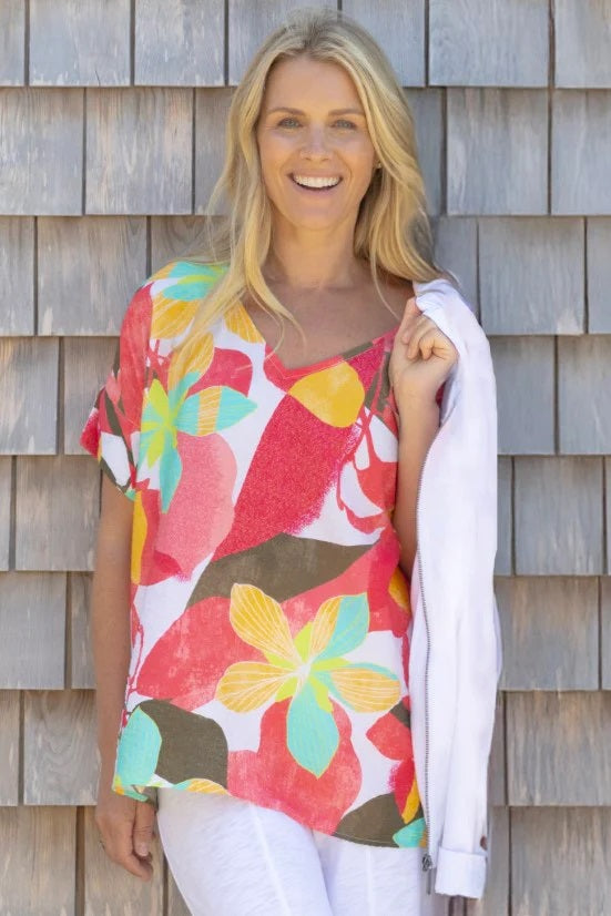 Escape's Regatta Rayon St. John Floral Vacay Top in Coral