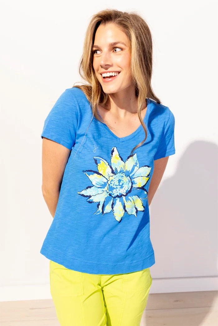 Peruvian Cotton Painted Sunflower Tee in Riviera
