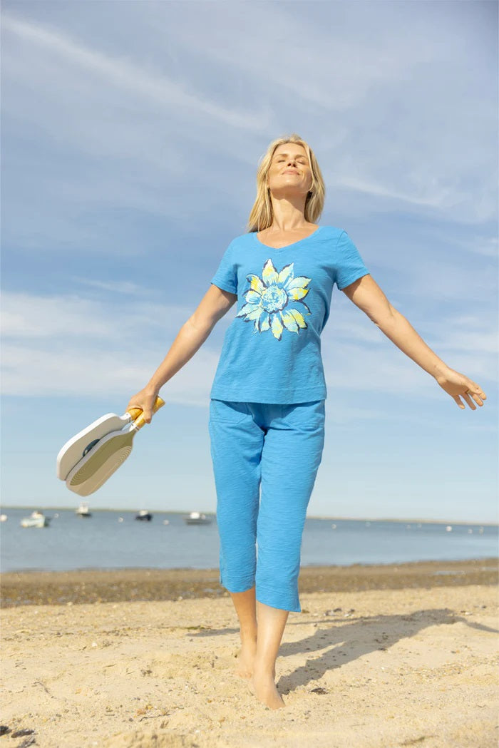 Peruvian Cotton Painted Sunflower Tee in Riviera