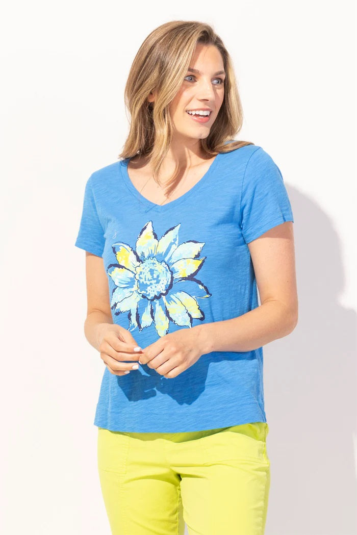 Peruvian Cotton Painted Sunflower Tee in Riviera