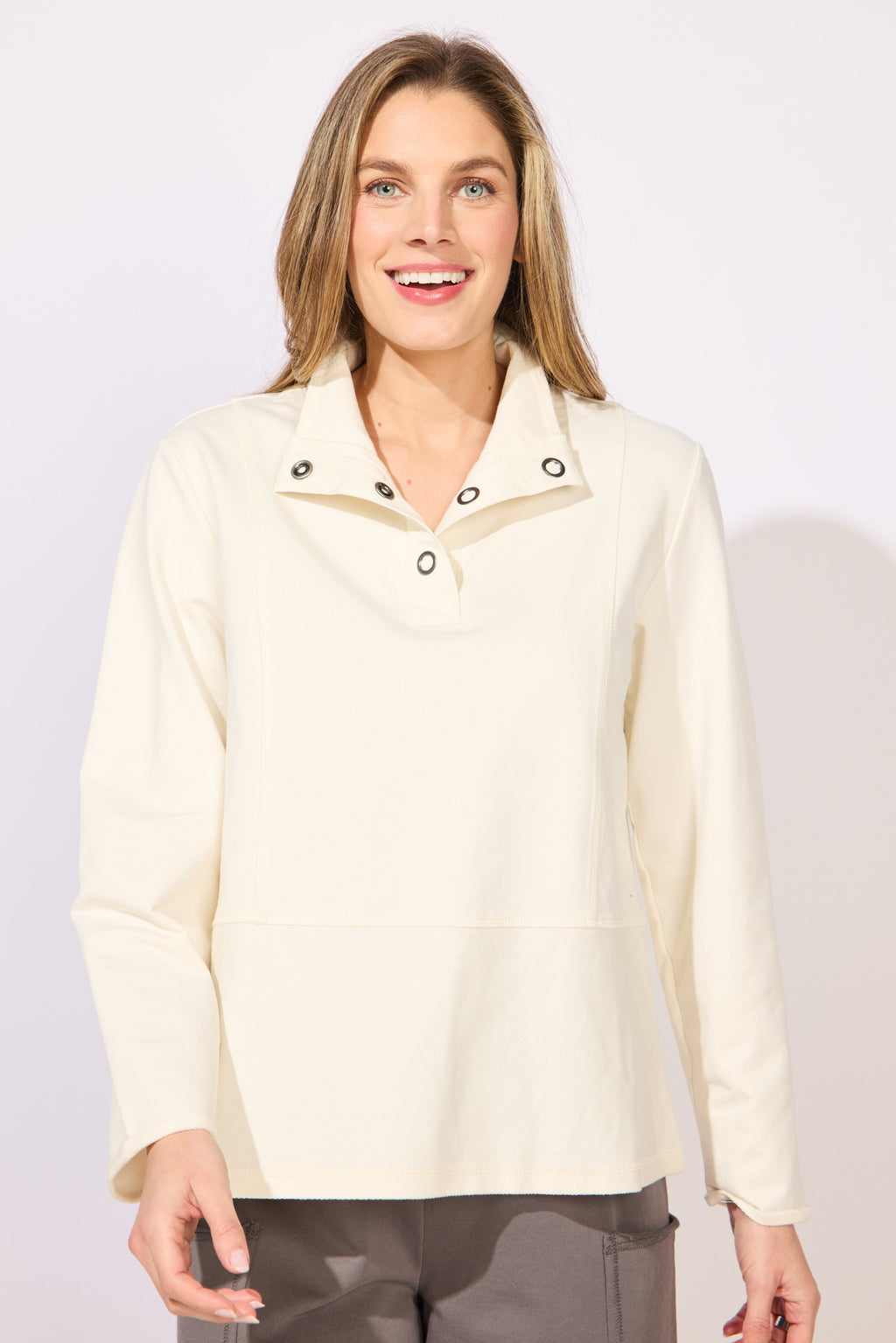 Escape's Ocean Front Terry Quarter Snap Pullover in Pearl