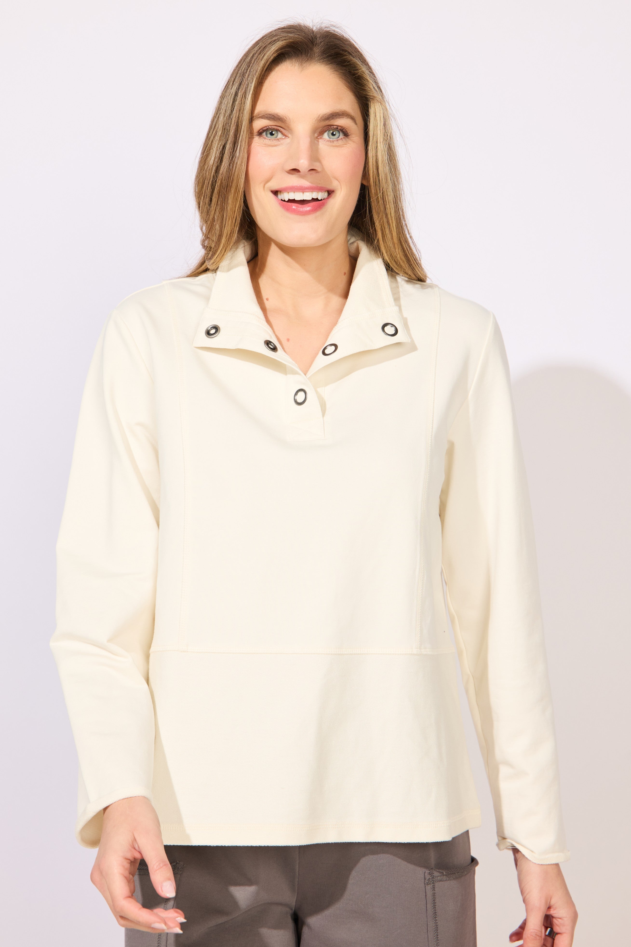 Escape's Ocean Front Terry Quarter Snap Pullover in Pearl