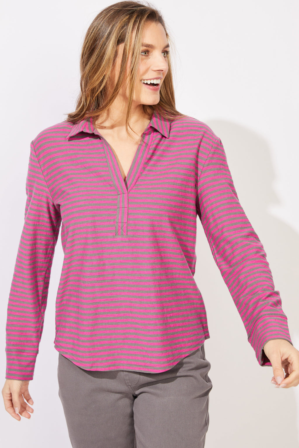 Escape by Habitat's Verona Stripe Primo Split Neck Top in Fuchsia