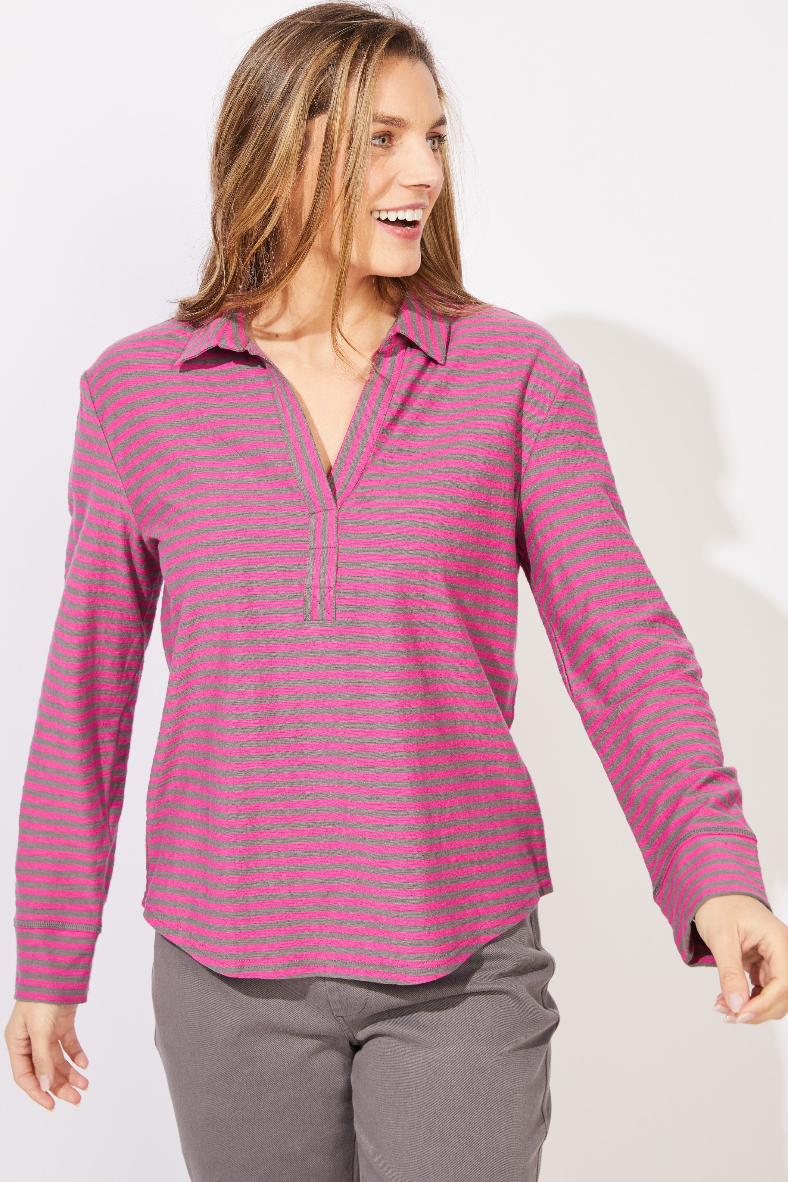 Escape by Habitat's Verona Stripe Primo Split Neck Top in Fuchsia