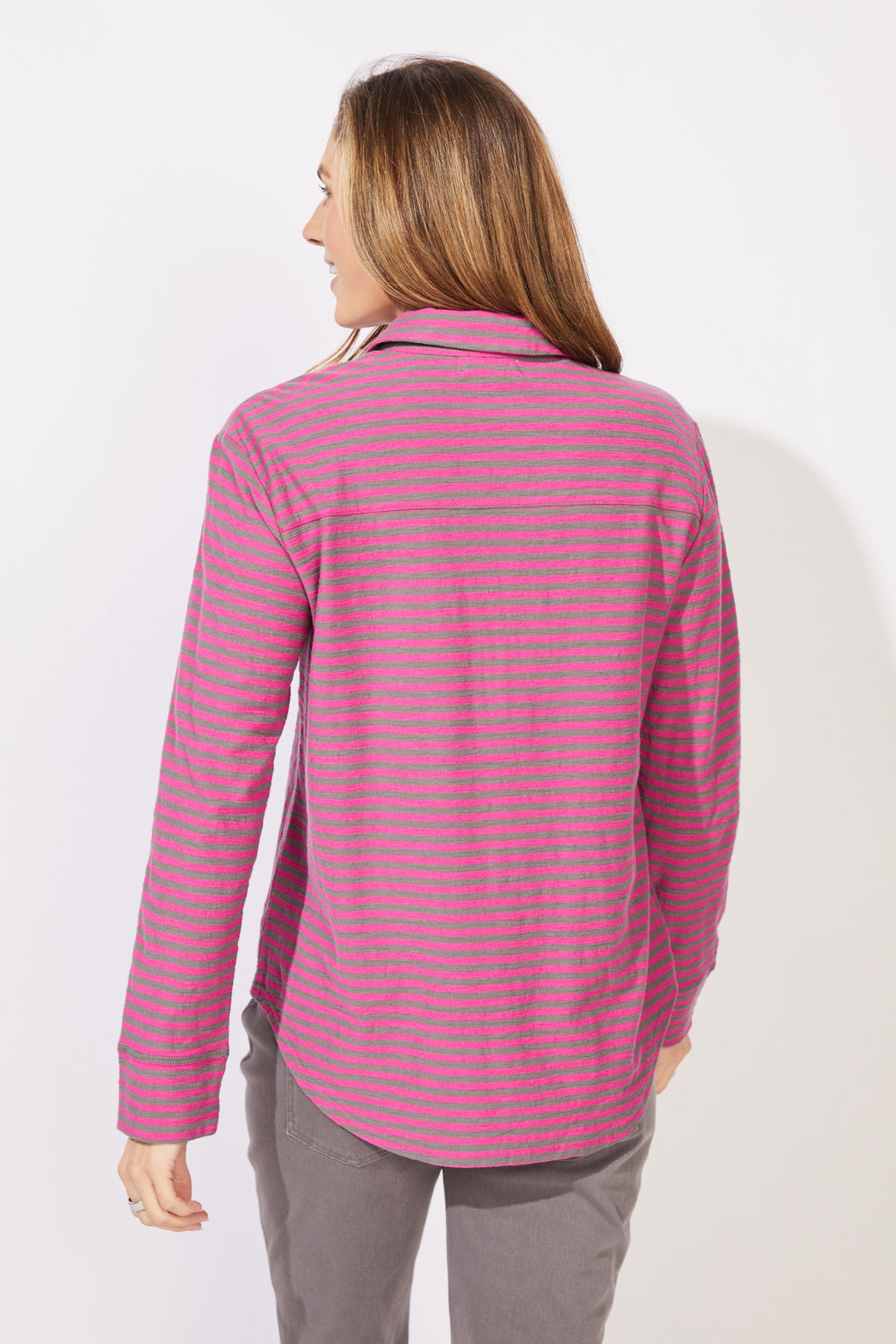 Escape by Habitat's Verona Stripe Primo Split Neck Top in Fuchsia