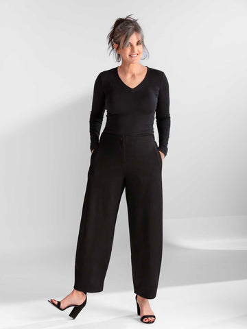 F. H. Clothing Forever Trendy Pant. Black barrel legged pants, elastic waist, side pockets