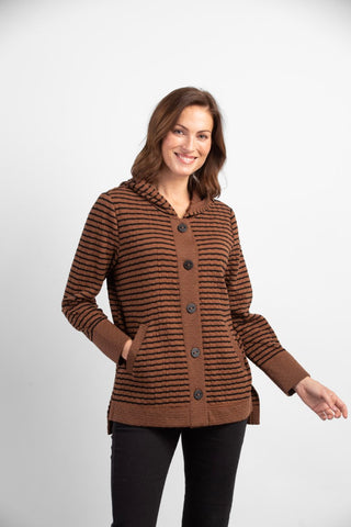 Habitat Andes Striped Hoodie Sweater in Choco Brown with Black Stripes.  Oversized button front closure, ribbed hems, front pockets, split seam.