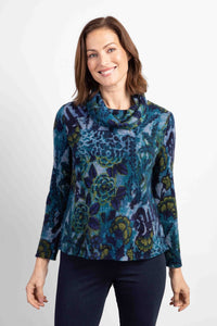Habitat Aspen fleece cowl neck top. Brushed fleece, blue floral pattern with touches of green. Relaxed fit.