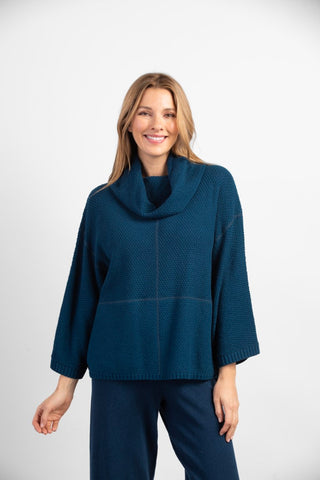 Habitat Autumn Breeze Cowl Neck Poncho Top.  Baltic blue, wide cowl neck, wide sleeves, relaxed fit, seam details.