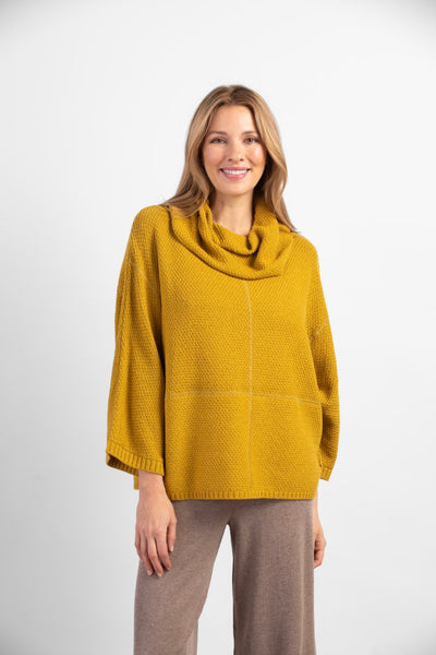 Habitat Autumn Breeze Cowl Neck Poncho Top.  Dijon gold, wide cowl neck, wide sleeves, relaxed fit, seam details ribbed hem..