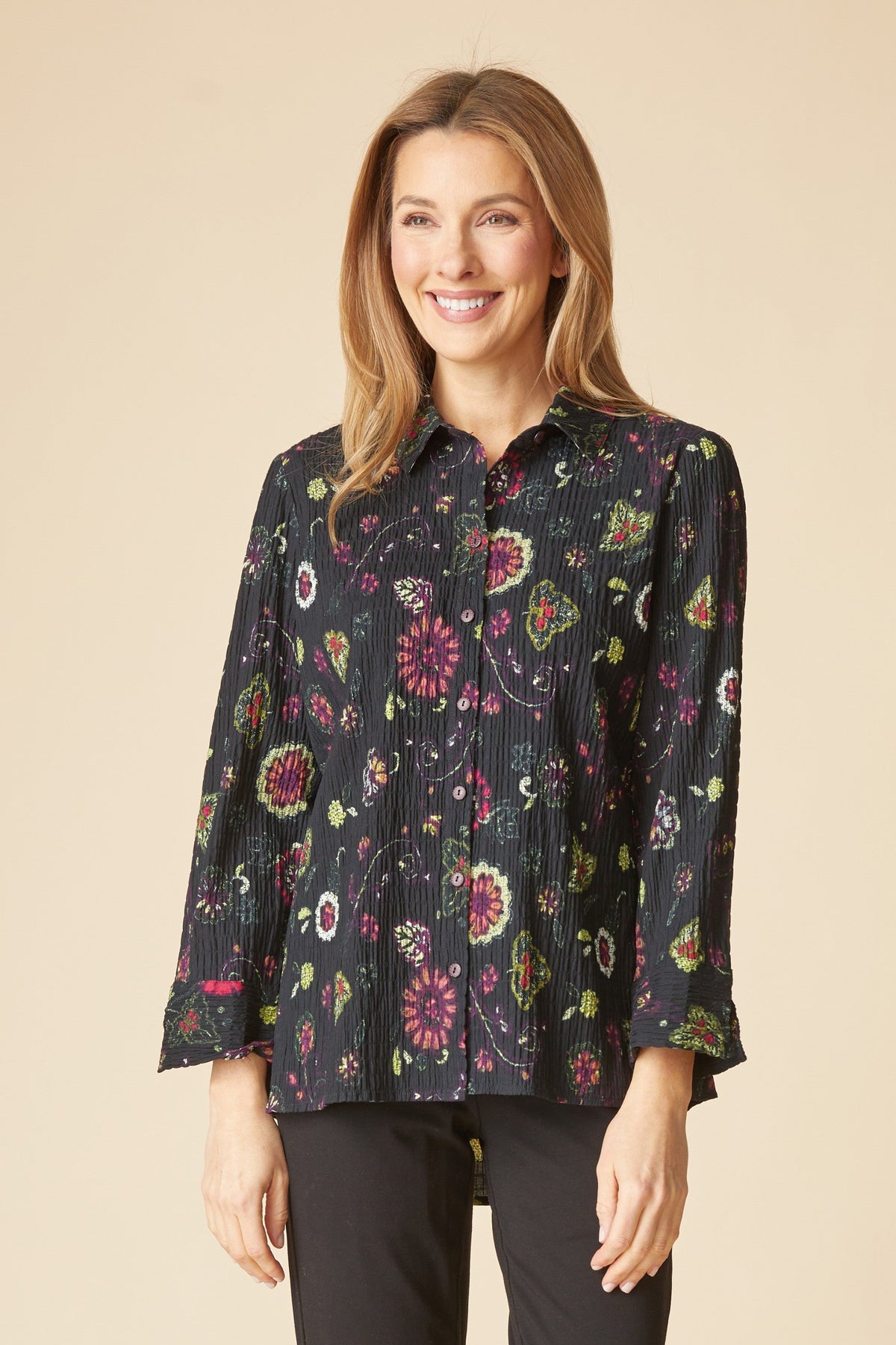 Habitat Boho Floral Crinkle Cotton Shirt in Black