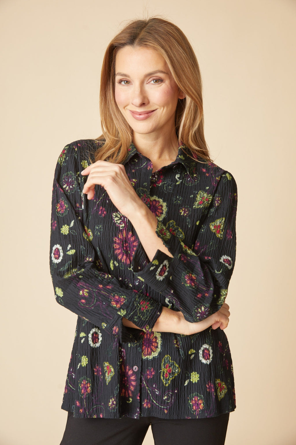 Habitat Boho Floral Crinkle Cotton Shirt in Black