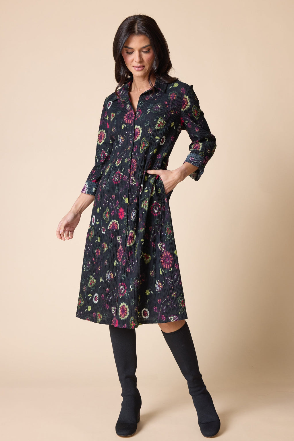 Habitat Boho Floral Crinkle Cotton Lanai Dress in Black