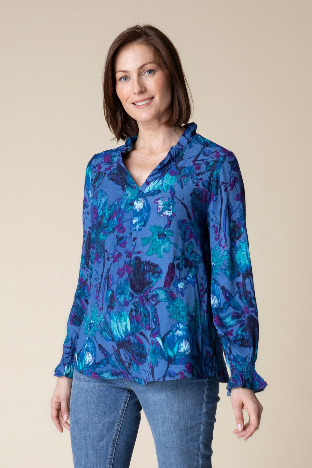Habitat's Vintage Floral Flounce Collar Tunic in Cobalt