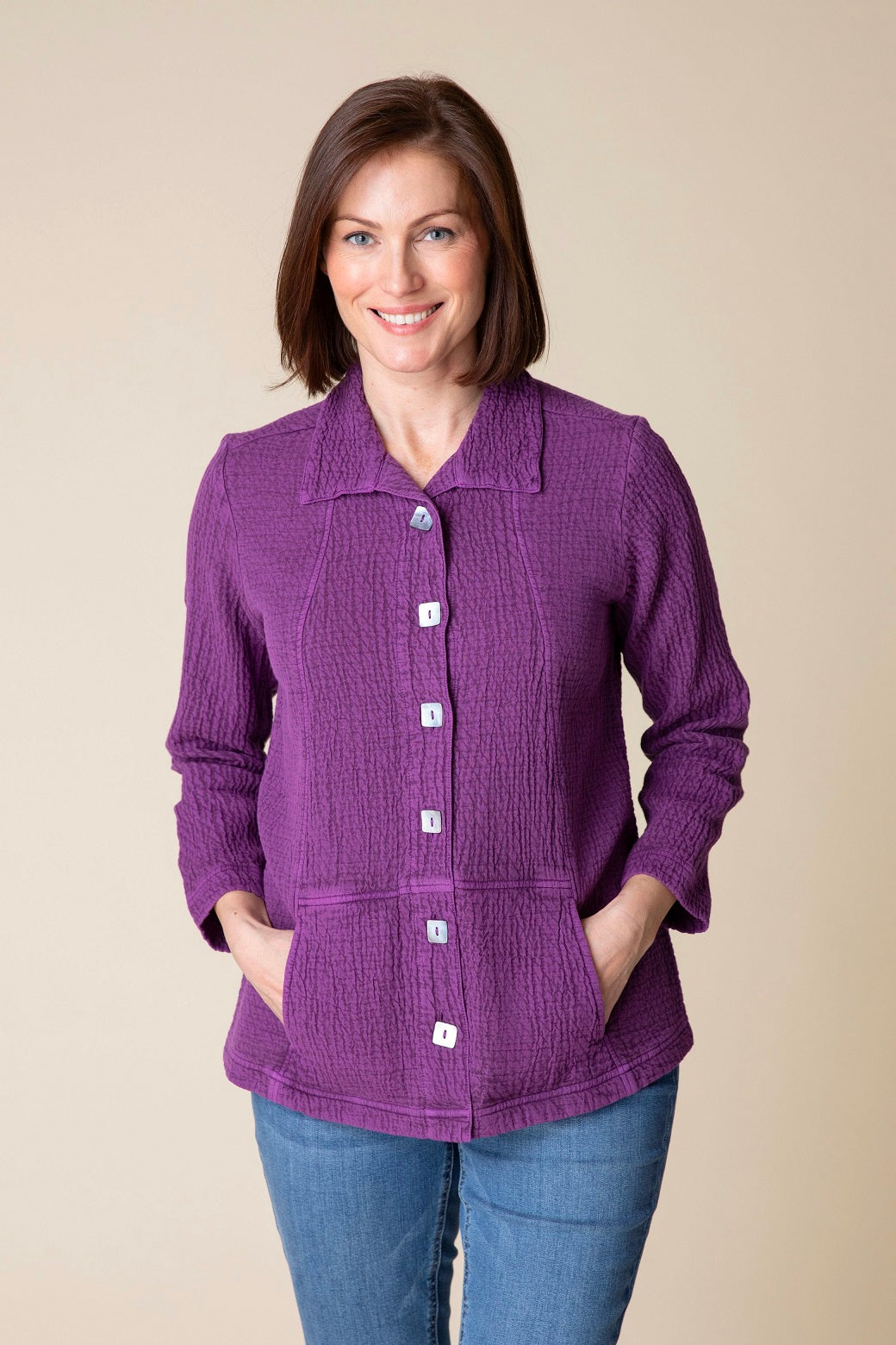 The Sun Washed Jacquard Seamed Pocket Jacket from Habitat in Plum